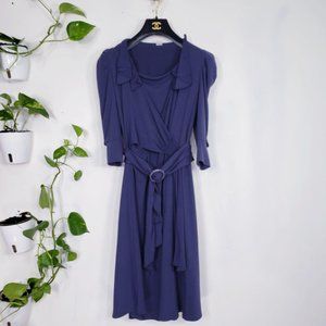 Womens Dress Navy Medium Knit Puff Belted Wrap Party Cocktail Blue Authentic‎